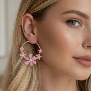 Petals and Pearls Large Pink Floral Hoop Earrings with Pearl Accents